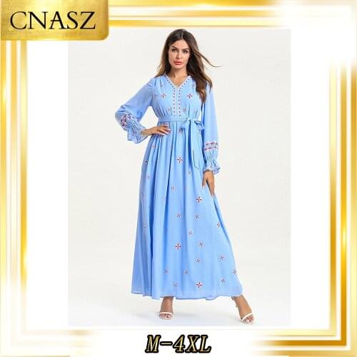 Muslim dress women gown fashion simple embroidery long-sleeved tie with Arabian long skirt Large size womens