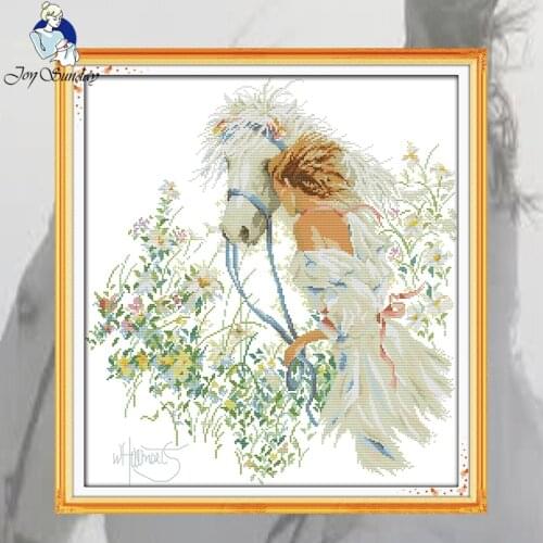 JOY SUNDAY,Needlework,DIY DMC Cross stitch,Sets For Embroidery kit White horse girl home decoration Counted Cross sitching