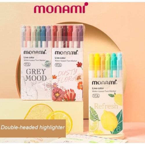 1 Set monami double-headed highlighter 6 Colors set for painting students hand account decoration Live Color student supplies