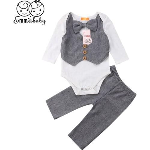 Autumn Baby Boy Clothes Set Newborn Toddler Kid Gentleman Bow Tie Long Sleeve Cotton Bodysuit Top Pants Party Formal Outfit