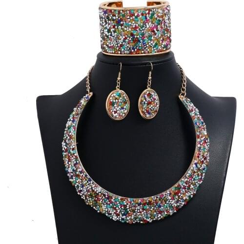 New Fashion Jewelry Accessories 6 Colors Gravel Choker Necklace Statement Collar Bracelet Drop Earrings Womens Jewelry Sets