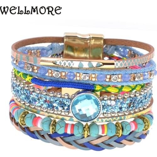 WELLMORE new bohemia bracelets for women charm beaded stone bracelets fashion leather bracelets female jewelry drop shipping