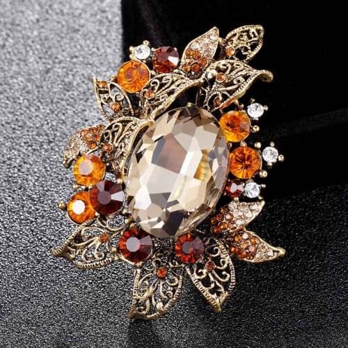 Brand Peach Color Austrian Crystal Brooches jewelry for wedding Antique Gold Vintage womens bridal hijab pins Fashion Broaches
