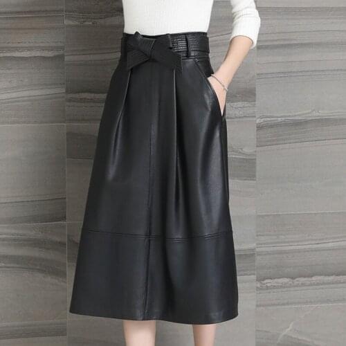 Women Mid Length Black Sheepskin Bag Hip Skirt with Belt High Quality A-Line Genuine Leather Pockets Loose Solid Business Skirt
