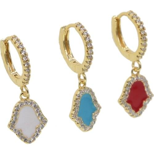 Cute enamel red white blue Gold Fatima Hamsa Hand Drop Earrings For Women Bohemia paved CZ Crystal Fashion Jewelry femmes Gifts