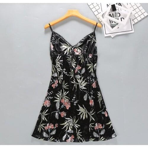 Ladies' Golden Velvet Sexy Dress Suspenders Printed Tempting Night Dress Slim Back Night Dress Female Lounge Intimate Lingerie