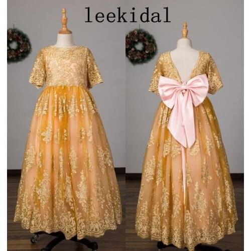 Golden Lace Flower Girls Dress For Wedding Party Jewel Neck Short Sleeves V back Full Length Cheap First Communion Dress Custom