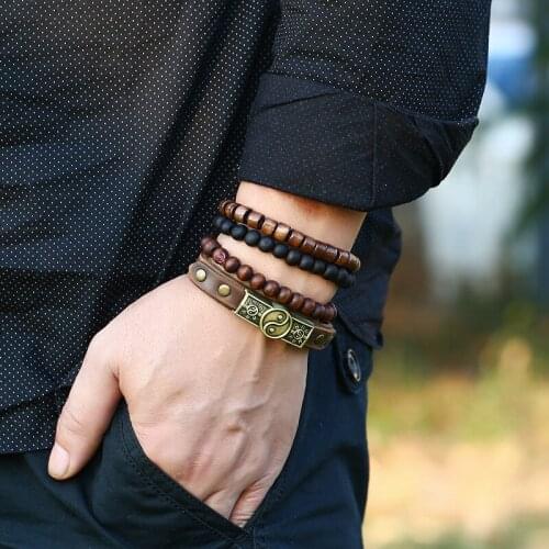 4 Pcs Men Handmade PU Leather Bracelet Braided Bangle Punk Style Wristband Set TT@88