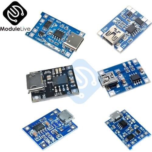 5PCS/set Type-c/Micro/Mini USB 18650 TP4056 TC4056 5V 1A Lithium Battery Charger Module Charging Board Dual Functions 1A Li-ion