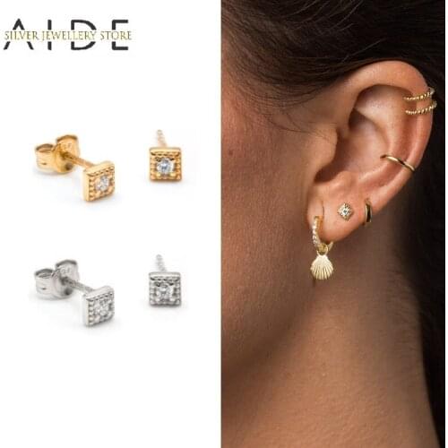 AIDE Mini Exquisite Square Stud Earrings for Women Geometric Zircon Pierced Earings Ear Bone Nail Silver 925 Jewelry kolczyki
