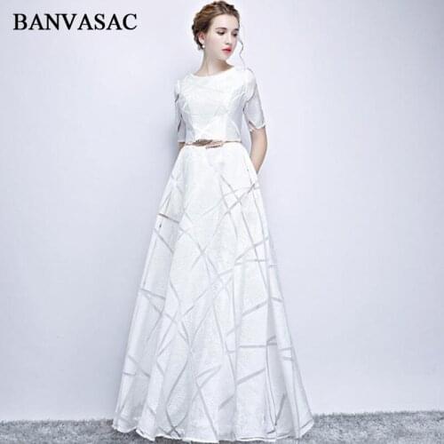 BANVASAC Elegant O Neck Satin Stripes A Line Long Evening Dresses Party Short Sleeve Metal Leaf Sash Prom Gowns