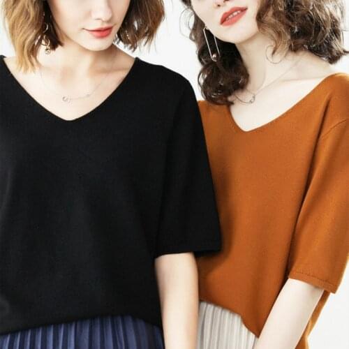 Elegant T Shirt Women Solid Color Tshirt Knitted 2020 Korean T-Shirt Woman Clothes Tee Shirt Femme Plus Size Mujer Black White