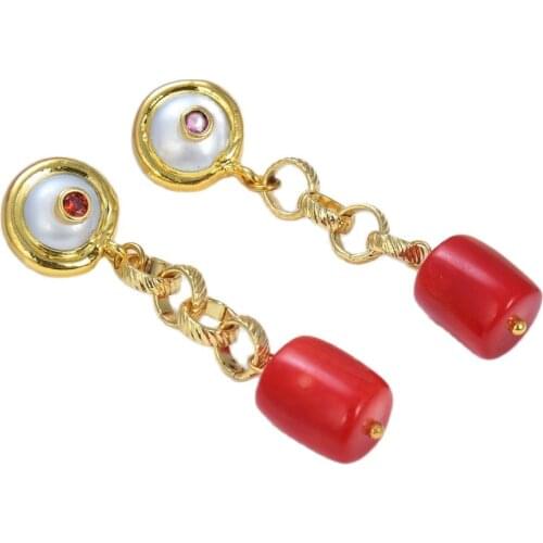 GG Jewelry Natural Pearl Natural White Pearl Red Coral Stud Chain Red CZ Earring Classic for women lady fashion jewelry gift