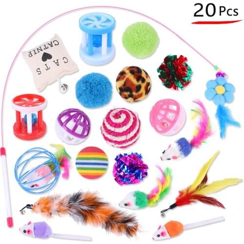 20pcs/Set Playing Toys for Cat Stuffed Mouse Ring Ball Pet Supplies Feather Teasers Cat Toys Interactive Kittens Funny Goods