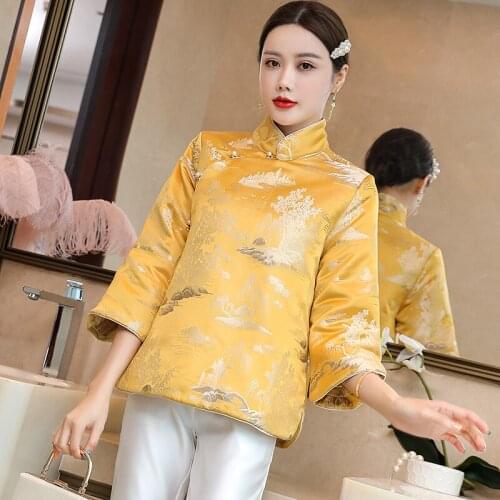 Chinese Style Retro Jacquard Womens Short Autumn And Winter New Three Quarter Sleeve Cotton Jacket S-2XL
