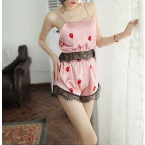Hot Selling Ice Silk Strawberry Print Sexy Lace Edge Embroidery Suspenders Lingerie With Pink Bottom Sexy Sleepwear Suit