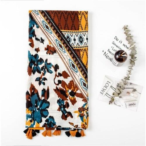Fashion ethnic style Black scarf generous Vintage Floral Geometric Scarf print holiday travel beach towel shawl Party Wedding