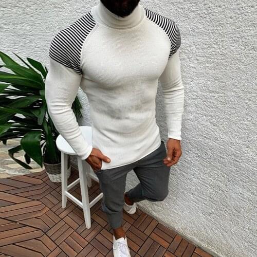 Mens Fashion Striped Turtleneck Sweaters Pullover Knitted Stitching Casual Male Sweatshirts Slim Fit Autumn Long Sleeve Korean