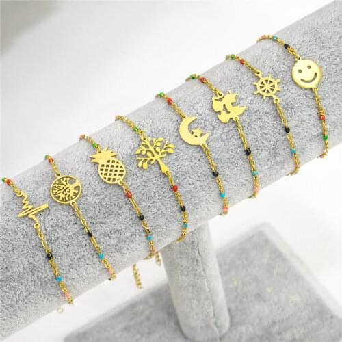 Stainless Steel Bracelets Link Cable Chain Tree Moon Gold Color Random Enamel Trendy Bracelet Jewelry For Women 18cm ,1 PC