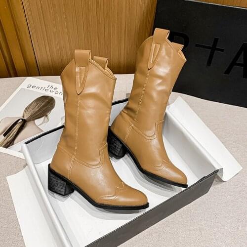 2021 New Winter Retro Pointed Toe Mid-heel Western Cowboy Boots Cowhide Mid-tube Boots British Thick Heel Knight Boots