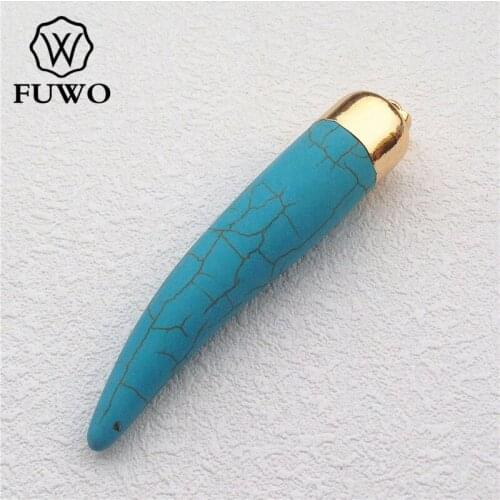 FUWO Wholesale Long Turquoises Tusk Horn Pendants 24K Gold Electroplate Single Bail Boho Howlite Fashion Jewelry PD019