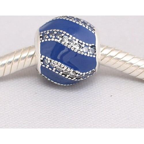 Authentic S925 Silver Charms fit Lady Bracelet Bangle Adornment Charm Transparent Royal-Blue Enamel & Clear CZ