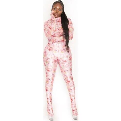 Casual Women Floral Jumpsuit Autumn Long Sleeve High Elasticity Bodysuit Outdoor Wear Back Zipper Rose Printed Clothes Gloves