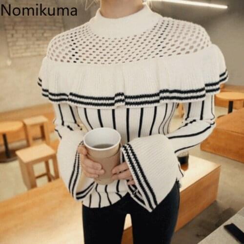 Nomikuma Hollow Out Striped Pullover Jumpers 2021 Autumn Winter Korean Loose Fashion Ruffles Sweater Contrast Color Pull Femme