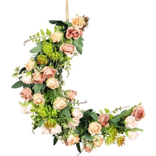 Simulation Moon Shape Rose Succulents Christmas Garland Pendant For Home Wedding Party Wall Lintel Window Hanging Decor Festive