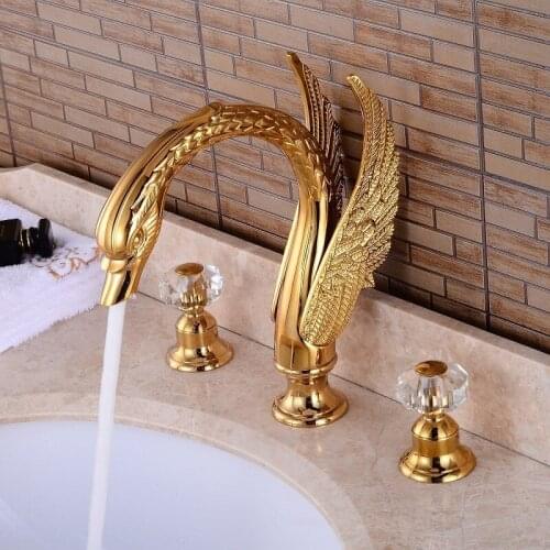 Widespread Basin Faucets Brass luxury gold/black Swan Deck Mounted Bathroom Sink Faucets 3 Hole Hot And Cold Water Tap
