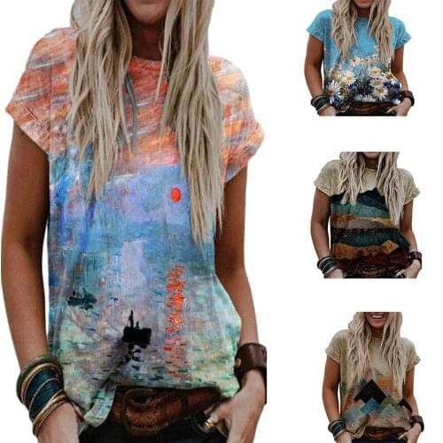 Women T-Shirt Short Sleeve 2021 Elegant Patchwork Round Neck Flower Print Fashion Loose Casual Ladies t Shirt Female T-Shirt