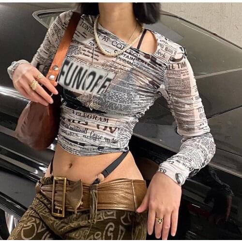 Women See-through Mesh T-shirt Adults Sexy Newspaper Print Long Sleeve Round Neck Crop Tops T-Shirts