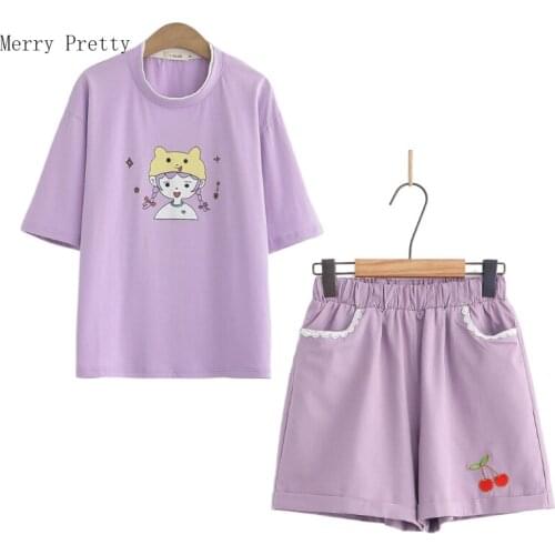 Women Short Sets Short Sleeve O-neck Graphic T Shirt And Cherry Embroidery Hight Waist Pocket Shorts 2021 Summer 2 Pieces Set