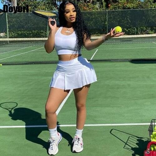White Two Piece Skirt Set for Women Summer Crop Tops and Tennis Mini Skirt Ruffle Sport 2 Piece Set Club Outfits for Women 2021