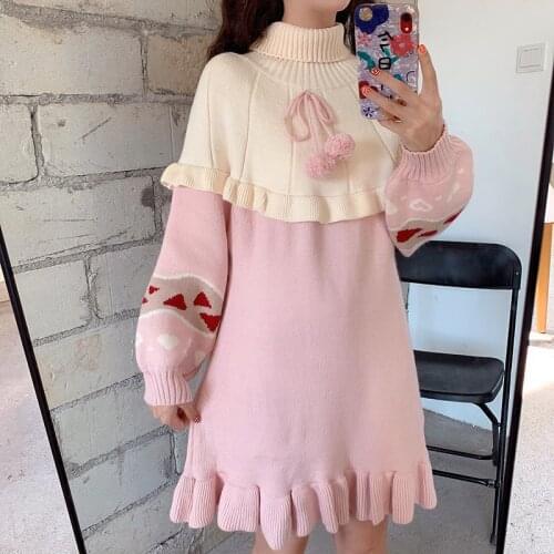Autumn Winter Sweet Lolita Sweater Women Cute Turtleneck Pink Ruffles Knitted Dresses Girly Spring Harajuku Pullover Outerwear