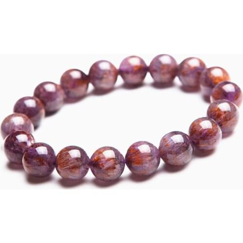 11mm Genuine Natural Titanium Cacoxenite Purple Gold Rutilated Quartz Crystal Clear Round Beads Stretch Bracelet Free Shipping