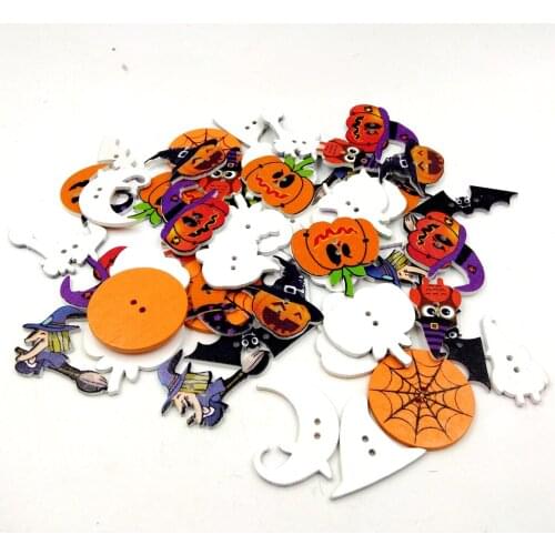 50pcs Assorted Halloween Design Wooden Buttons for Craft Scrapbooking Sewing