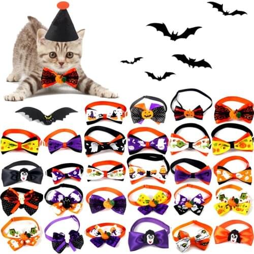 60 PCS Wholesale Halloween Dog Accessories Pumpkin Skull Dog Bow Tie Pet Cat Dog Puppy Bowtie Holiday Party Pet Supplies