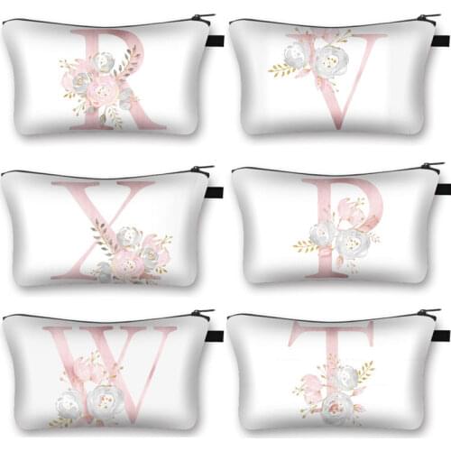 A-Z Letter Flower Print Toiletry Bag 26 Initials Cosmetic Bags Women Bridesmaid Portable Monumental Bridal Girls Party Bag Gift