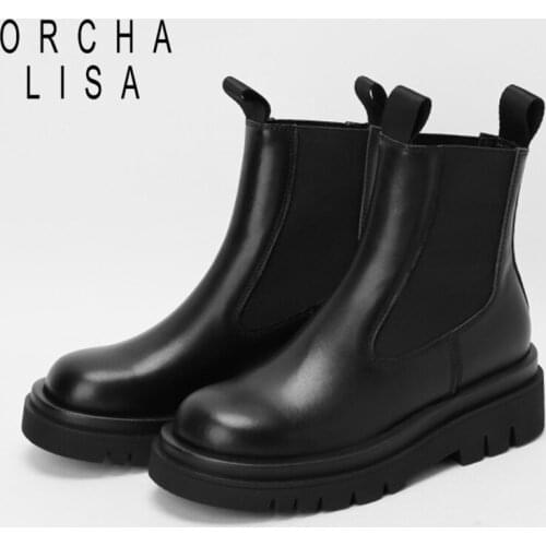 ORCHALISA Thick Plush Womans Chelsea Boots Anti Slip Snow Black Full Grain Leather 2021 Autumn Winter Ankle Boots Platform Shoe