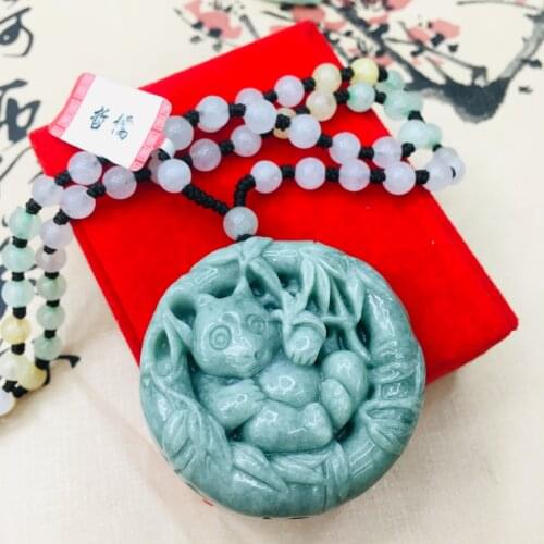 Pure natural Emerald jade hand carved green giant panda pendant three-color jade bead necklace men and women sweater chain