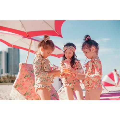 Floral Swimwear 2020 Summer New Style 2pcs Set Long Sleeve Swimsuit for Hot Spring Kids Cute Swimsuit Clothing 3-8Y E20207