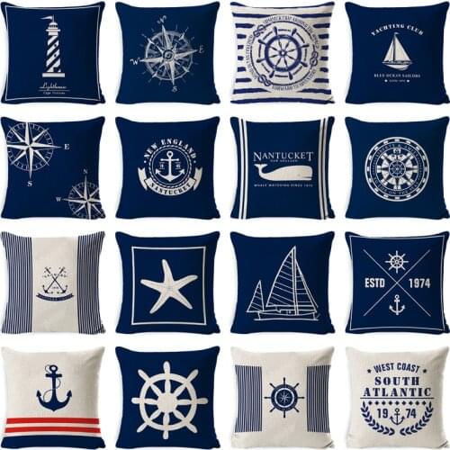 Home Decorative Navigation Blue Compass Anchor Pillow Cover Nautical Shell Fish Linen Pillow Case Mediterranean Cushion Cover