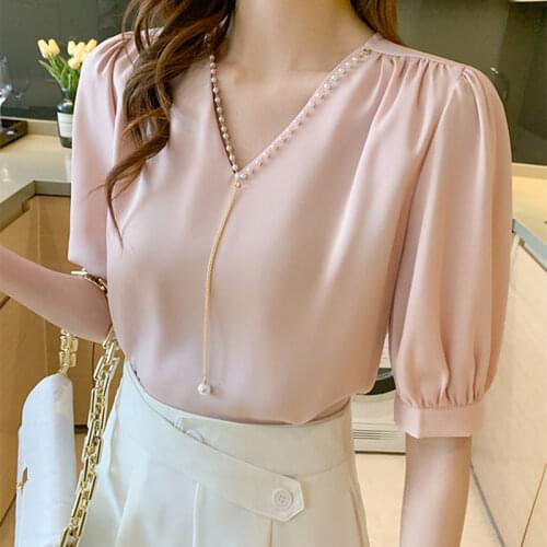 Elegant Pink Workwear Basic Chiffon Summer Blouses Shirts Solid Beading Casual Womens Tops V-Neck Clothing 2021 Blusas Female