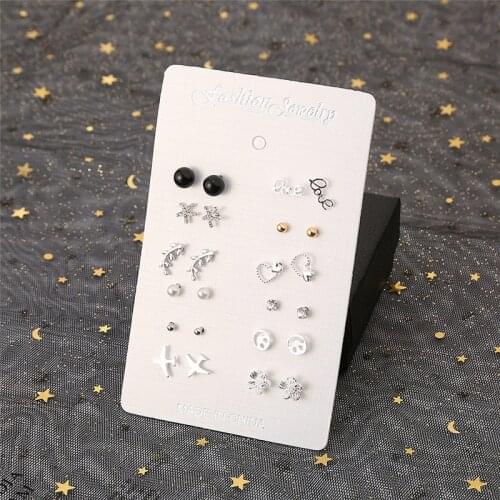 Htzzy 12 Pairs Set Stud Earrings for Women New Fashion Earrings Jewelry Geometric Stars Heart Flowers Crystal Earrings