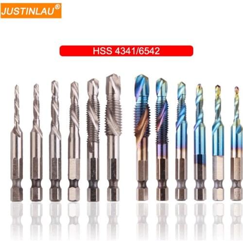 JUSTINLAU 6pcs M3-M10 Combination Drill Tap Bit Set HSS 4341/6542 Gold/Silver/Blue Nano Coated Deburr Countersink Drill Bits