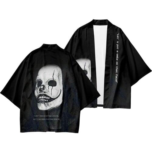 Black Skull Printing Japanese Kimono And Pants Suit Haori Yukata Cosplay Fashion Summer Casual Street Clothing