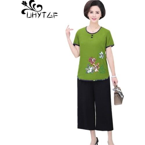 UHYTGF two piece set women fashion embroidered cotton and linen summer sets female pullover thin 6XL plus size sportswear 1547