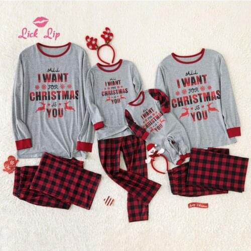 Lick Lip Christmas Parent-child Suit Red Letter Print Long Sleeves Nightie Autumn Winter Checkered Pants Home Clothes SWD17570-2