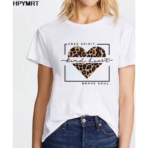 Fashion Leopard Love Printing T-shirts Kind Heart Female Shirt Casual White Women Tshirts Harajuku T Shirt Femme Tops Tee Female